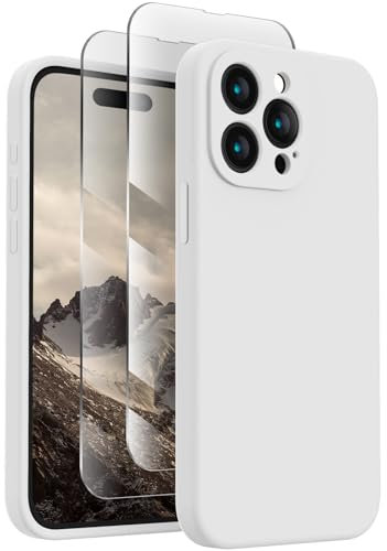 FireNova Designed for iPhone 15 Pro Max Case, Silicone Upgraded [Camera Protection] Phone Case with [2 Screen Protectors], Soft Anti-Scratch Microfiber Lining Inside, 6.7 inch, White