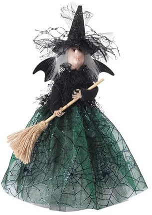Firlar Desktop-Deko-Ornamente, Halloween-Dekoration, Baumspitze, Hexe, für Party-Requisiten, Hexenpuppe in Hauchdünnem Rock mit Besen, Halloween-Dekoration(Grün)