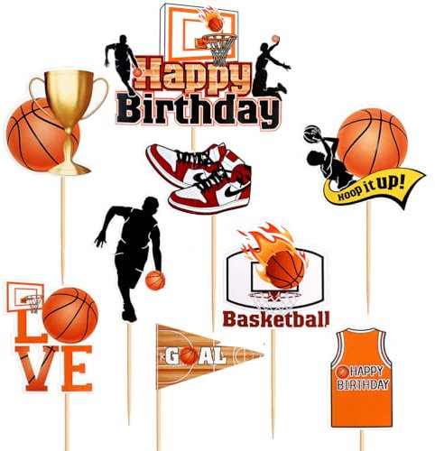 MiaLover Basketball Tortendekoration Kuchendeckel 1 groß Happy Birthday Cake Topper und 24 Stück Basketball-Themen Kuchendeckel Cupcake für Kinder Mädchen Junge Basketball Party Muffin Deko