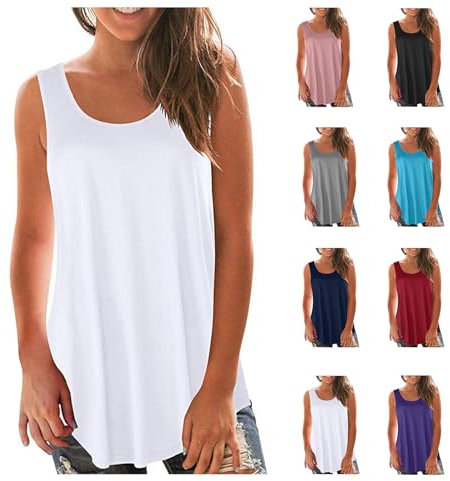 Tank Top for Women Sleeveless Summer Tops Sale Clearance Ladies Solid Vest Cami Plain Basic Tops Blouse Crewneck Shirts Casual Loose Fit Blouse Tunic T Shirts Tees Swing Tank Tops Size 8-16 White