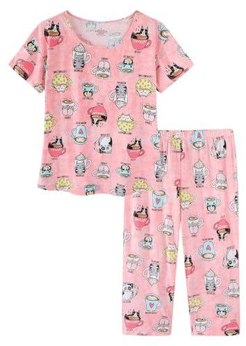 CHUNG Women Pyjama Set Short Sleeve Top Capri Pants Cotton Blend Loungewear Pjs Floral Animal Print S-3XL Pink Cup Cat, M