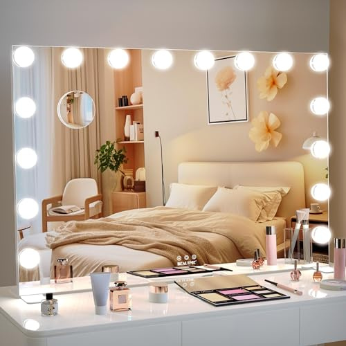 BEAUTME Schminkspiegel mit Beleuchtung Hollywood-Spiegel，Kosmetikspiegel mit 16 LED-Lampen Dimmbar Wandspiegel Tischspiegel, 91,1 × 61,6 cm,weiß