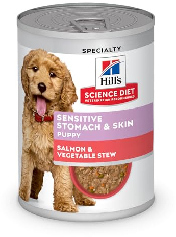 Hill's Science Diet Puppy Sensitive Stomach & Skin Wet Dog Food, Salmon & Vegetable Stew, 12.5 oz. Cans, 12-Pack