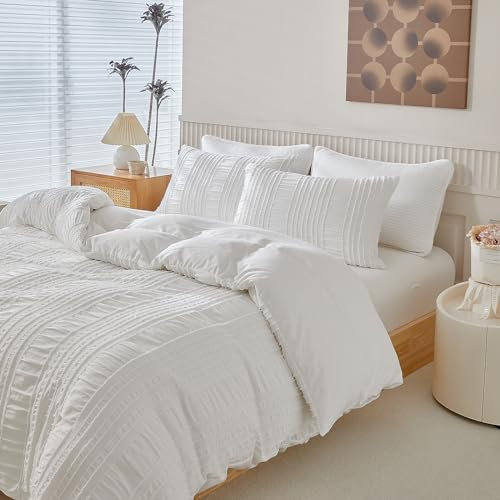 YASMENG Seersucker Bettwäsche 135x200 Weiß Gestreift Getuftet Seersucker Bettwäsche Boho Bettwäsche Weich Atmungsaktiv Mikrofaser Bettbezug Set 2teilig mit Reißverschluss und 80x80 cm Kissenbezug