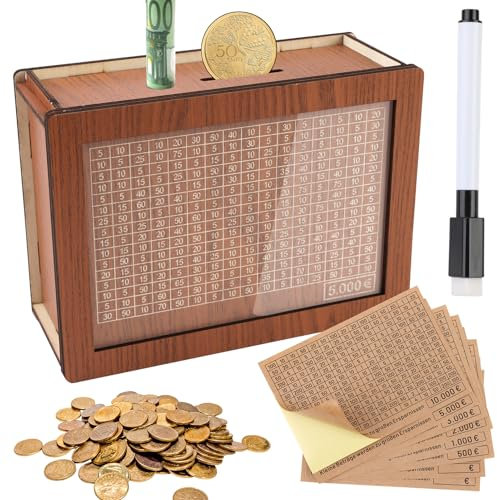 Spardose Holz Retro Sparbüchse Aufbewahrungsbox Sparbox mit Sparziel und Zahlen Zum Ankreuzen mit Acryltafel 500€1000€ 2,000€ 3,000€ 5,000€1,0000€ Euro 8 Stück Hilft Kindern Die Gewohnheit Zum Sparen