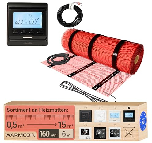 Warmcoin® Kit Complet Chauffage au Sol Électrique 160 W/m² – Trame Autocollante 6,0 m² (0,5x12m) – Pour Carrelage, Stratifié, Vinyle et Parquet – Inclut Thermostat LCD Programmable W51 Noir
