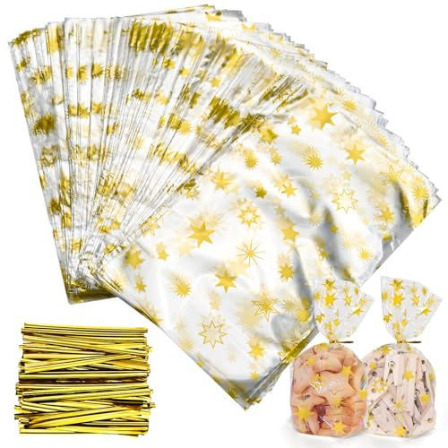 Faburo 120 Stück Plätzchentüten, 23 x 14 cm Kekstüten Weihnachten, Bodenbeutel Weihnachten mit 120 Gold Kabelbindern, Cellophantüten Weihnachten Tüten für Plätzchen Bonbon, Klarsichtbeutel Gebäcktüten