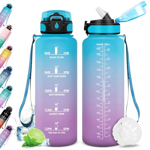 Trinkflasche Sport 1.5L, Trinkflasche mit Strohhalm, Wasserflasche Sport Auslaufsicher mit Zeitmarkierung, Trinkflaschen Kohlensäure Geeignet, Sportflasche für Fitness, Gym, Schule, Outdoor, Yoga