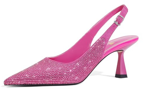 LOCERICH Women's Kitten Heels Slingback Low Heel Dress Shoes Closed Toe Pumps Rhinestone Pointed Toe Sparkly Sling Back Bridal Wedding Party, Hot Pink, 3 UK