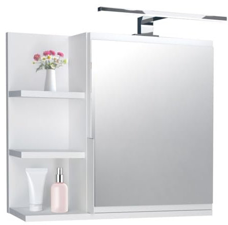 DecoNest Spiegelschrank 60x50 Weiß, Badezimmerschrank mit Ablagen, Badezimmerspiegel, Hängeschrank LED Lampe - Links