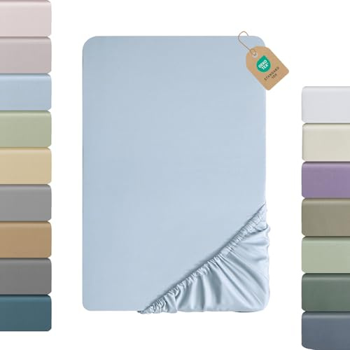 SOULFUL Satin Spannbettlaken 90x190cm Baumwolle Oeko-TEX Hellblau | 100% Langstapelige Baumwolle Kühlend Seidig Luxus Spannbettlaken bis 25cm Matratzenhöhe für Allergiker Geeignet