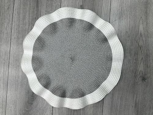 Biznest Set of 6 Round Wavy Rattan Placemat 38 cm, Durable & Stylish Table Mats for Home Dining & Décor (White-Grey)