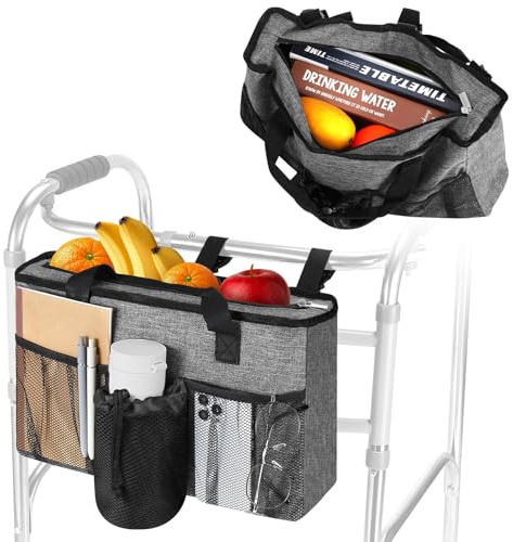 Rhino Valley Walker Bags for Folding Walker Accessories for Seniors,Gray | Large Capacity Walker Accessories Storage Bag with 4 Multi Pockets & Cup Holder for Universal Walkers for Seniors
