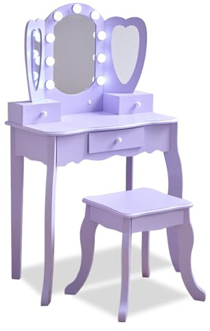 Teamson Kids Heart-Shaped Vanity in Violet with LED Lights, Triple Mirror, Stool & Storage Drawers, Encourages Creativity, Confidence & Organization