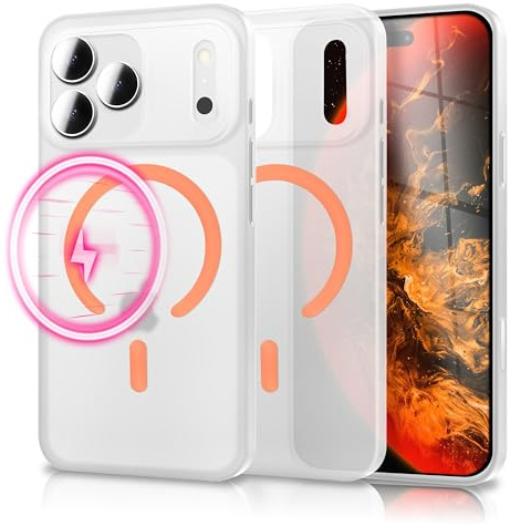 NALIA Ultra-Slim Hardcase für iPhone 18 Pro / 17 Pro Hülle, Neon Orange | Speichert Umgebungslicht ohne Strom, Seidige Textur mindert Fingerabdrücke, Logo schimmert durch, THINIX GLOW