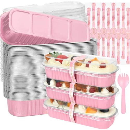 Junfete 100pcs Mini Loaf Pans for Baking with Lids and Spoons, Rectangular Aluminum Foil Baking Pans Mini Cheesecake Containers 6.8oz Valentine's Day(Pink)