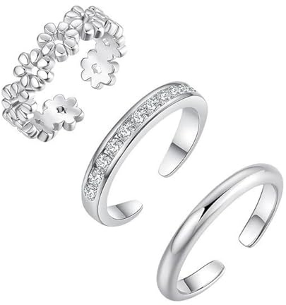 MIYUEFAN 3 Stück Zehenringe für Damen, 14K Gold Plattiert Zehenringe Verstellbares Set Stacking CZ Offene Sommer Strand Fußschmuck (Silber)