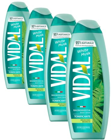 Vidal - Bagnoschiuma White Musk, Formula Tonificante, Fragranza Muschio Bianco, Dermatologicamente Testato, 500ml (Confezione da 4)