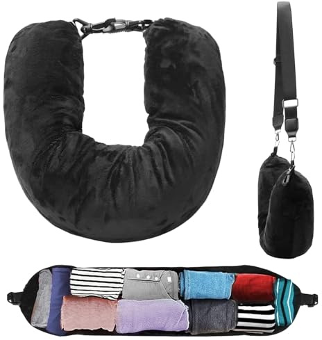 Stuffable Neck Pillow for Travel, U-Shaped Travel Pillow Storage Bag | with Adjustable Straps and Clothes Storage for Extra Luggage, Plush Material Travel Essentials (Black)