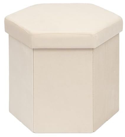 PINPLUS Sechseckiger Samt-Hocker mit Stauraum, 38 cm Sitzhöhe, Cremeweiß | faltbarer Sitzhocker, gepolsterter Fußhocker, Aufbewahrungsbox mit Deckel, platzsparend, für Wohnzimmer, Schlafzimmer, Flur