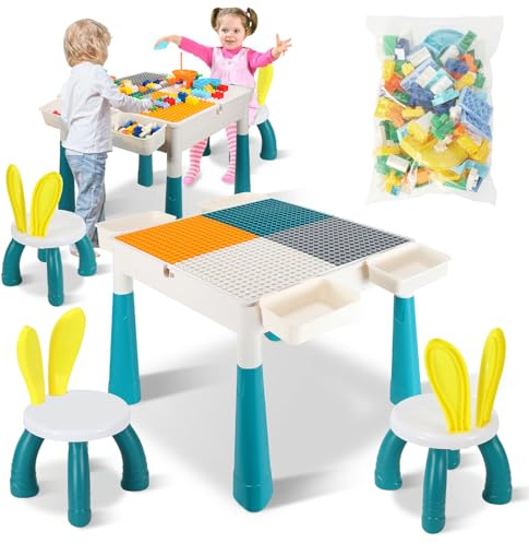 ISOISL Kindertisch mit 2 stühlen mit Stauraum & 251 Bausteinen,Kinder Tisch Stuhl Set, 4-in-1 Multifunktionaler Kinder Tisch Stuhl Set Höhenverstellbar, Spieltisch,PP+ABS,Leicht zu Reinigen
