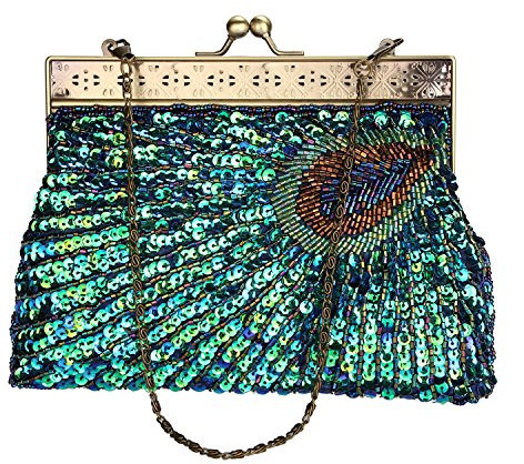 Très Chic Mailanda Luxus bestickte Pfauenleder Clutch Handtasche Tasche Abendtasche Ball Theater Oper Party Hochzeit Pailetten Glasperlen Handarbeit Tasche viele Farben (Pfau Blau)