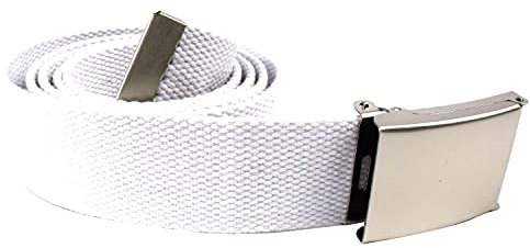 Trimming Shop Unisex Webbing Belt Webbed Canvas Strap Metal Flip Closure Buckle Adjustable Army Style Waist Band Outdoor Utility Wear, 51inch x 3.8cm, White