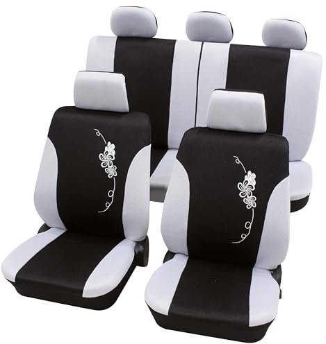 PETEX Auto Sitzbezüge Universal Komplett Set 17-teilig - Flower weiß, Eco Class mit SAB 1 Vario Plus