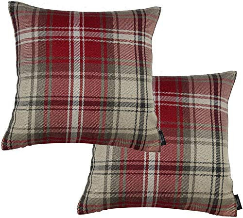 McAlister Textiles Angus | 2er Packung Kissenbezüge im Tartan-Muster kariert 43cm x 43cm in Rot | Deko Kissenhülle