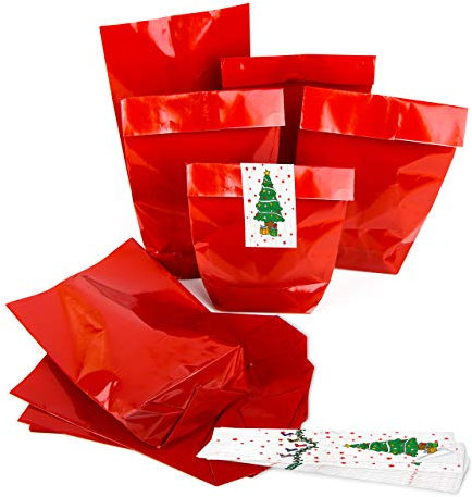 Logbuch-Verlag 25 kleine rote Weihnachten Geschenktüten mit Weihnachtsbaum Sticker zum Zukleben 14 x 22 x 5,5 cm als Verpackung für kleine Geschenke