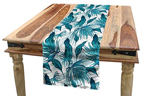 ABAKUHAUS Weinlese-Grün Tischläufer, Tropische Palmblätter, Esszimmer Küche Rechteckiger Dekorativer Tischläufer, 40 x 225 cm, Aqua Blau
