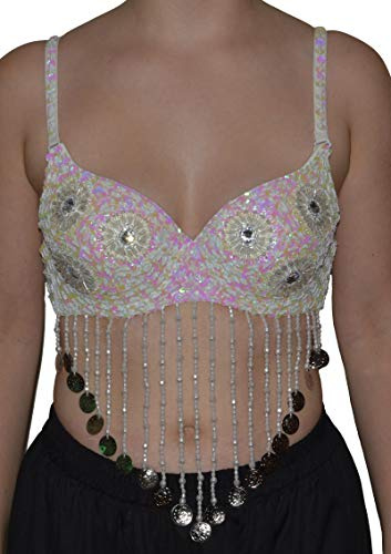 Bauchtanz BH Weiß Oberteil Top Belly Dance Perlen Pailletten Karneval Oriental Tanz