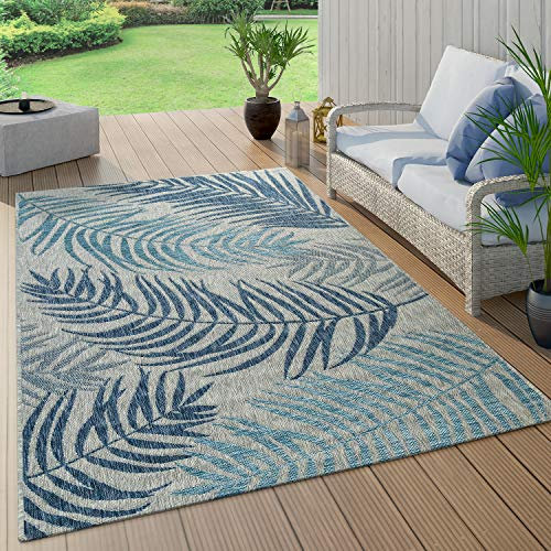 Paco Home In- & Outdoor Teppich Flachgewebe Modern Jungle Palmen Design In Pastell Blau, Grösse:80x150 cm