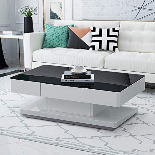 LEMROE 1PC Black Coffee Table for Living Room with 8mm Tempered Glass Top and High-Gloss Surface 2 Storage Drawers Table (Black)