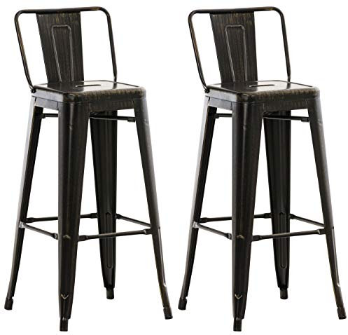 CLP Lot De 2 Tabourets De Bar Mason en Métal I Chaise Haute De Bistrot Style Industriel avec Repose-Pieds I Hauteur D'Assise 77 cm, Couleur:Noir/Or