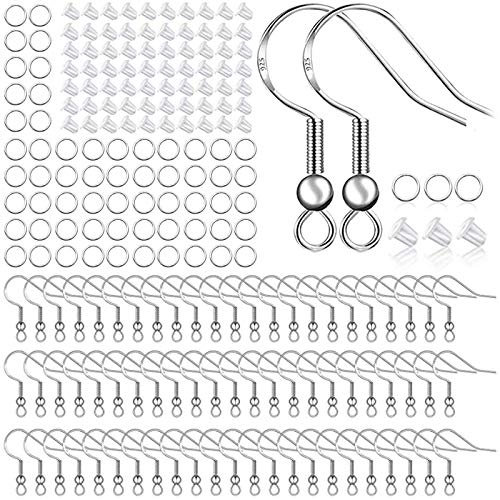 925 Sterling Silver Plated Earring Hooks 150 PCS/75 Pairs,Ear Wires Fish Hooks,500pcs Hypoallergenic Earring Making kit with Jump Rings and Clear Silicone Earring Backs Stoppers (Silver)