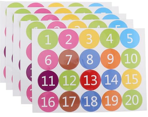 VILLCASE 5 Blatt Nummer Zahlen Aufkleber 1-20, Bunte Runde Nummern Aufkleber, Number Stickers für Büros Schließfächerheim Klassifikation