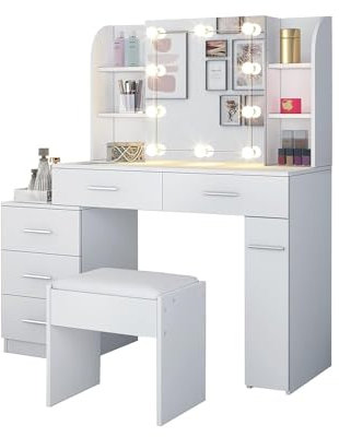 AWOOOD Modern Makeup Vanity Table with Sliding Mirror & 3-Mode LED Lights, Dressing Table with 5 Large Drawer, LED Lights & PU Stool for Bedroom, White