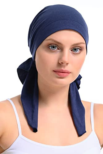 Bamboo and Cotton Chemo Headwear Hair Loss Fitted Pre-Tied Bandana (Denim)