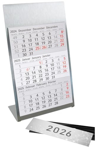 Timr Tischkalender zum Aufstellen aus Edelstahl I für 2 Jahre 2025/2026 I mit 2 Magneten I 3-Monats-Kalender Block Magnet I mehrsprachig I tr094