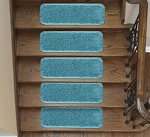 emmahome Soft Shaggy Carpet Stair Treads NON-SLIP MACHINE WASHABLE Mats/Rugs, Indoor 22x67cm, 30mm Thickness and 100% Increased Yarn (Turquoise, 13)