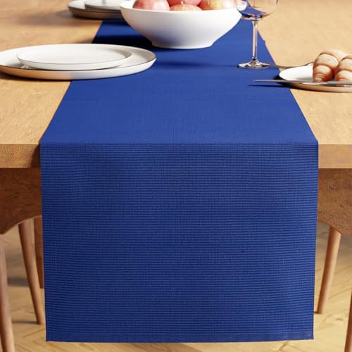 Encasa XO Tischläufer | Garngefärbte Feinripp-Baumwolle | Größe 32x250 cm | Solide blau | Maschinenwaschbar