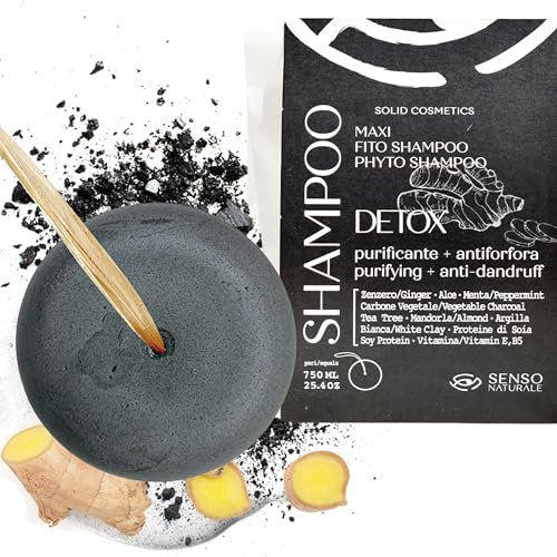 Senso Naturale Solid Shampoo Detox Purifying Anti-Dandruff Seborrheic Dermatitis Shampoo for Oily Hair with Activated Charcoal, Tea Tree, Ginger, Coconut Oil, Does Not Dry Out the Lengths, pH 4.5-5.0
