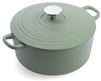 BK Cookware Deutsches Emaille-Gusseisen, 24 cm/4,2 Liter Schmortopf Auflaufform mit Deckel, Dutch Oven, Bräter, Feuertopf, Induktion, Spülmaschinenfest, Backofenfest bis zu 220°C, Olivgrün