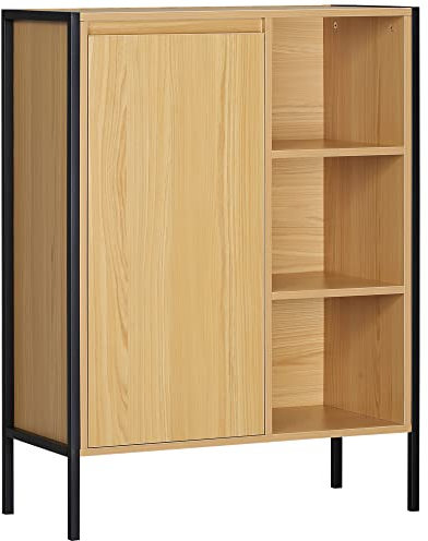 kleankin Meuble de Salle de Bain sur Pied Meuble de Rangement avec 3 niches et 1 Placard fermé - piètement en Acier Noir - 60 x 28 x 80 cm