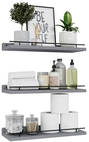 WOPITUES Estantes flotantes con barandilla de metal negro, estantes para decoración de pared, juego de 3, estantes de pared para dormitorio, baño, cocina, sala de estar, plantas, marcos de fotos,