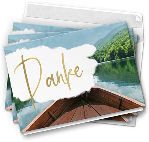 10 Dankeskarten mit Umschlag - Motiv Boot im Bergsee - moderne Klappkarten Danksagungen, Danke sagen, bedanken, Dankeschön Karten