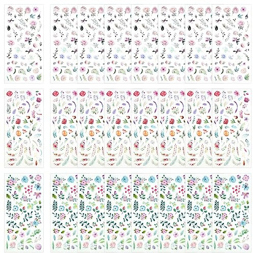 PEALOVCOM 24 Blatt Blumen Sticker Blumen Scrapbooking Aufkleber Vintage Dekorative Blumenaufkleber Selbstklebend Pflanzen Blumen Sticker für DIY Basteln Scrapbook Journals Fotoalbum