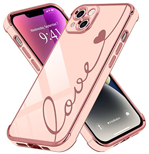 LCHULLE Compatible with iPhone 14 Case for Women Girls,Cute Luxury Plating Love Heart Design Soft TPU Cover Shockproof Full Camera Lens Protection Phone Case for iPhone 14 6.1 inch,Pink