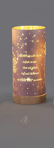 formano Frühlingsdekoration 1 Stück Deko-Licht 15cm mit Spruch und Timer-rosa m.Holzsockel, Spruch: Leben ist nicht da um einfach zu sein